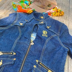 House of Dereon military style collar gold embroidery denim jacket.